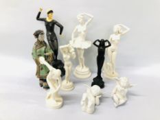 A GROUP OF NINE DECORATIVE FIGURES TO INCLUDE ALABASTER BALLERINA HEIGHT 37CM,