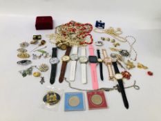 COSTUME JEWELLERY TO INCLUDE WATCHES, NECKLACES, BRACELETS,