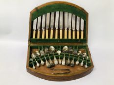 A WOODEN CANTEEN CONTAINING 43 PIECES OF SUTHERLAND SILVER FARQUHARSON LNS B CUTLERY
