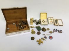 A SILVERPLATED CIGARETTE BOX CONTAINING VARIOUS VINTAGE MEDALS, BADGES AND BUTTONS, VARIOUS KEYS,