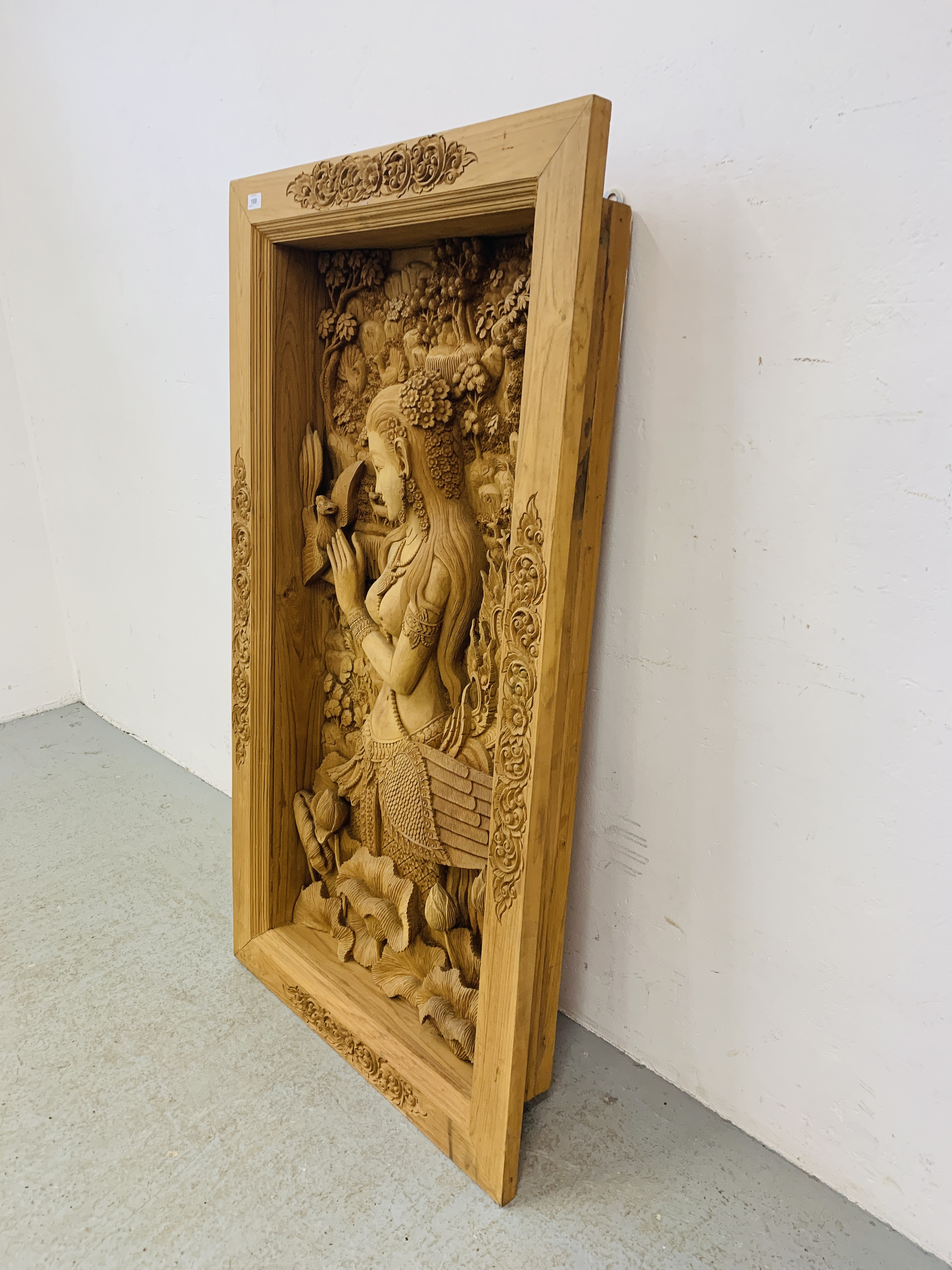 AN IMPRESSIVE ASIAN HAND CARVED TEAK THREE DIMENSIONAL PANEL OF GIRL WITH BIRDS AND FOLIAGE - - Image 10 of 10