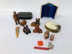 COLLECTION OF MINIATURE HARDWOOD FIGURES ALONG WITH A NETSUKE MONKEY + VINTAGE WAX SEAL OF A CREST