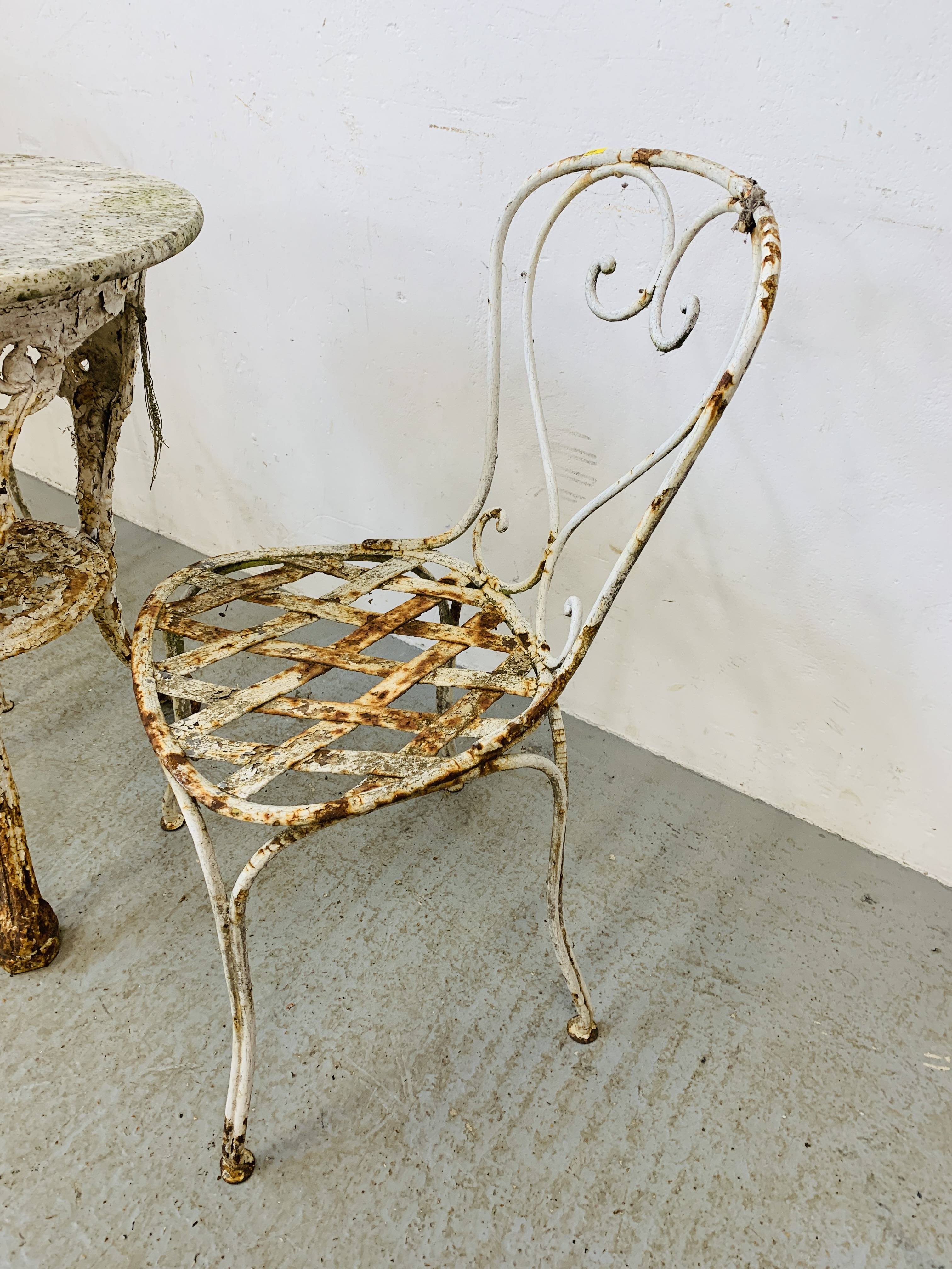 AN OLD DECORATIVE CAST BASE PUB TABLE WITH MARBLE TOP ALONG WITH 2 WROUGHT METAL GARDEN CHAIRS - - Image 2 of 11