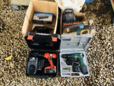 A COLLECTION OF POWER TOOLS TO INCLUDE BLACK AND DECKER 18 VOLT CORDLESS DRILL CASED WITH CHARGER