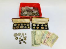A TUB CONTAINING AN ASSORTMENT OF MIXED COINAGE AND BANK NOTES INCLUDING ELIZABETH THE 2ND SPECIMEN