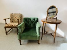 AN OAK FRAMED ARM CHAIR WITH TAPESTRY SEAT AND BACK, A GREEN UPHOLSTERED BUTTON BACK ARM CHAIR,