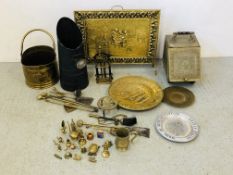 QUANTITY OF BRASS TO INCLUDE FIRE GUARD, COAL BUCKET, FIRE UTENSILS, MINIATURE TORTOISE ETC.