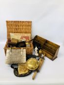 WICKER BASKET TO CONTAIN A QUANTITY OF VINTAGE COLLECTIBLES, PLAYING CARDS, DRESSING MIRRORS,