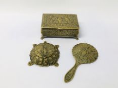 VINTAGE EMBOSSED BRASS DRESSING TABLE SET, COMPRISING OF A JEWELLERY BOX, HAND MIRROR AND POWDER,