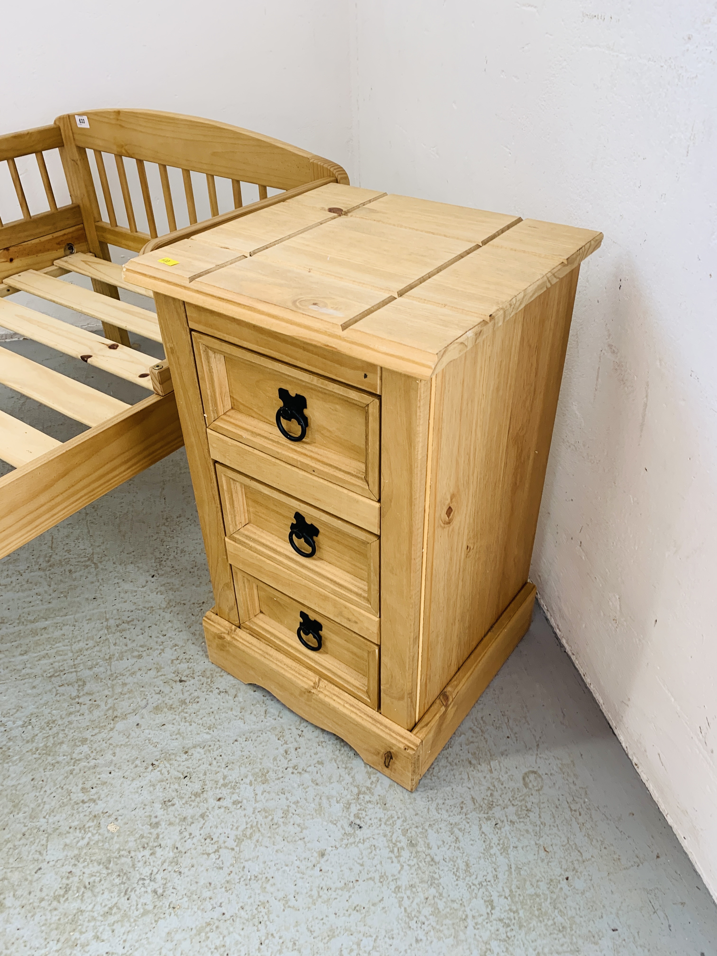 A CHILD'S SOLID PINE "FIRST BED" AND MEXICAN PINE THREE DRAWER BEDSIDE CHEST - Image 3 of 5