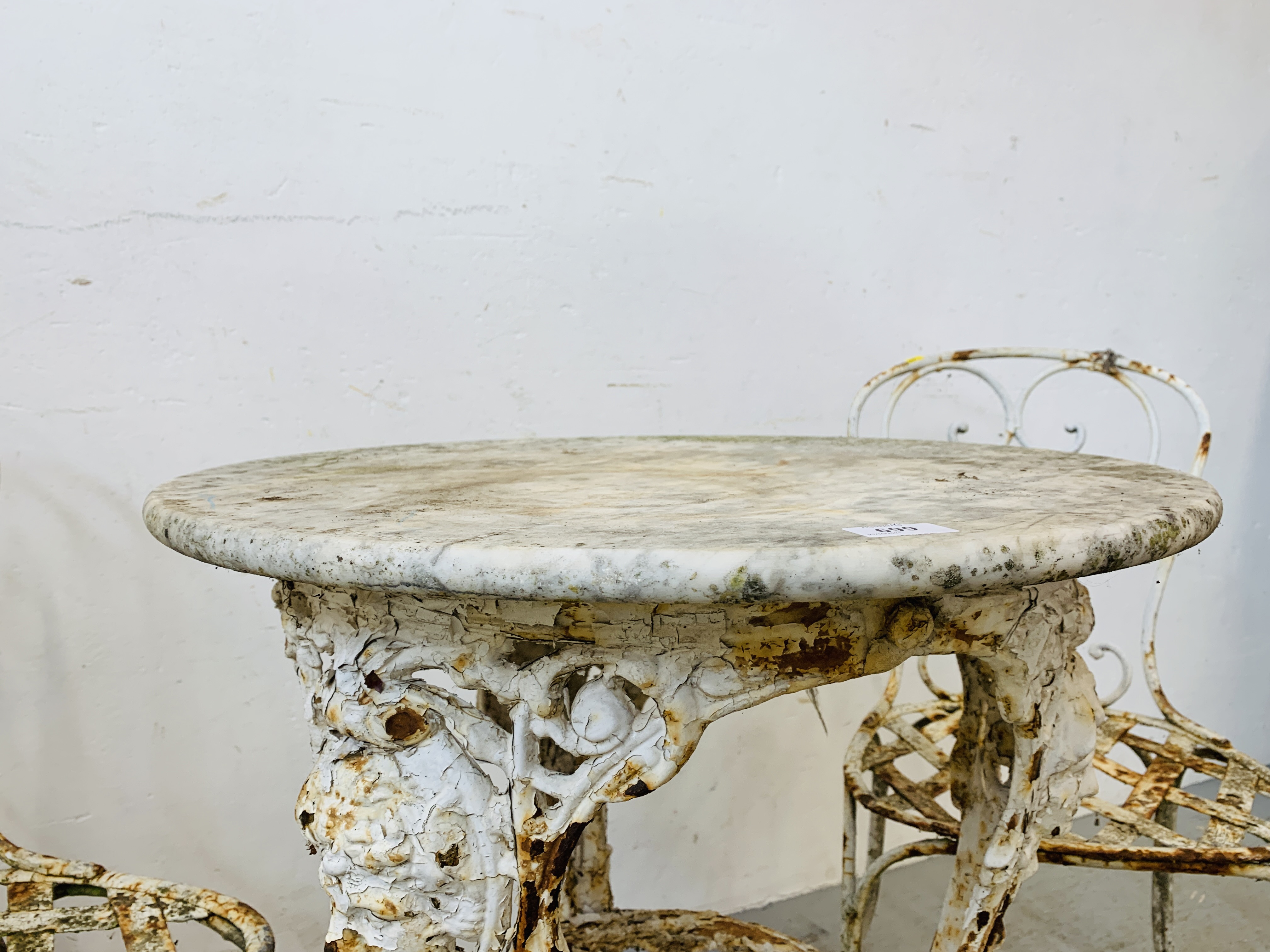 AN OLD DECORATIVE CAST BASE PUB TABLE WITH MARBLE TOP ALONG WITH 2 WROUGHT METAL GARDEN CHAIRS - - Image 8 of 11