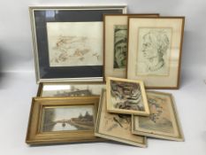 BOX OF ASSORTED PICTURES & PRINTS TO INCLUDE A PEN & INK "OVERSTRAND" BEARING SIGNATURE "GURNEY",