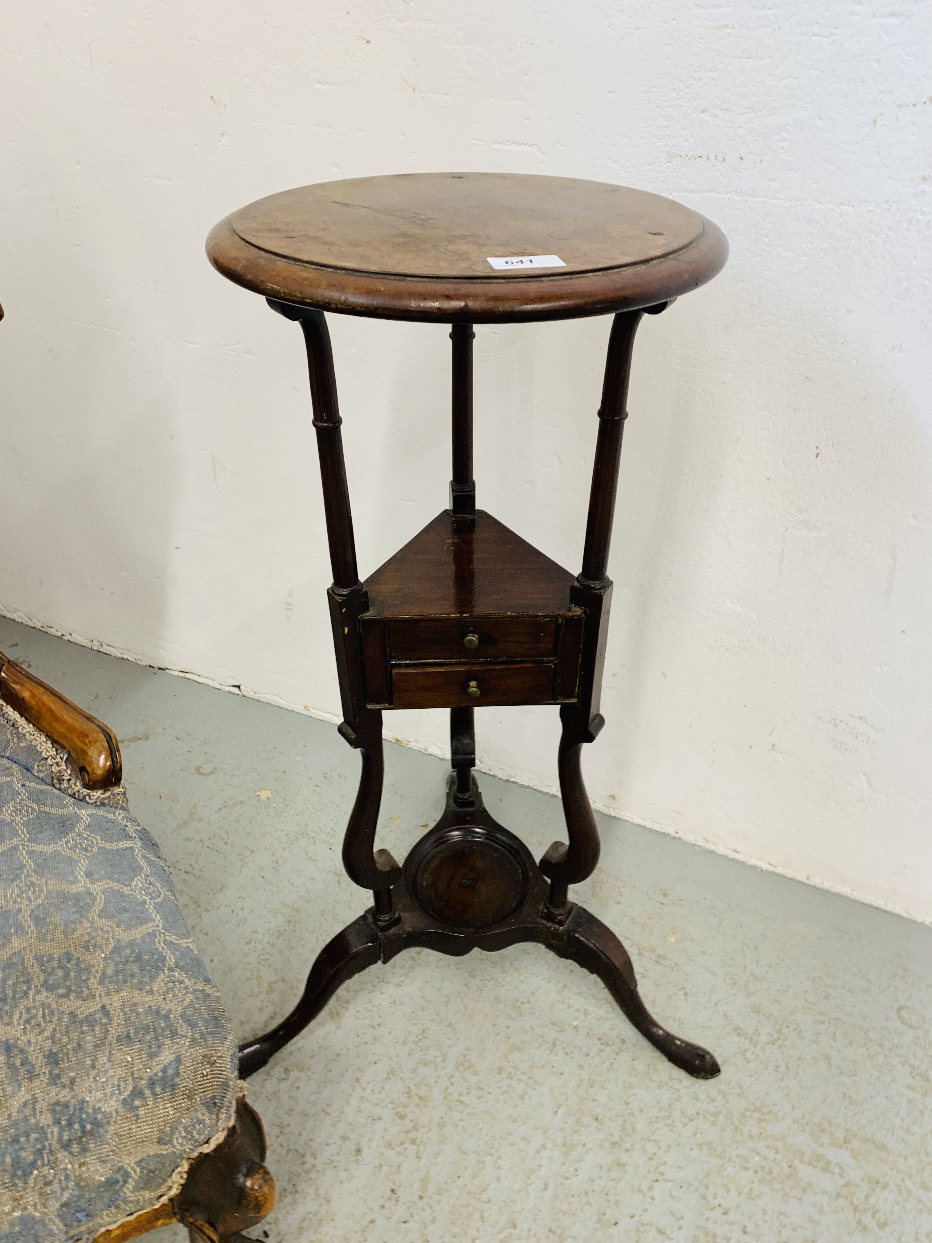 A VICTORIAN OAK FRAMED NURSING CHAIR A/F, CIRCULAR TOPPED MAHOGANY SHAVING STAND A/F, - Image 4 of 9