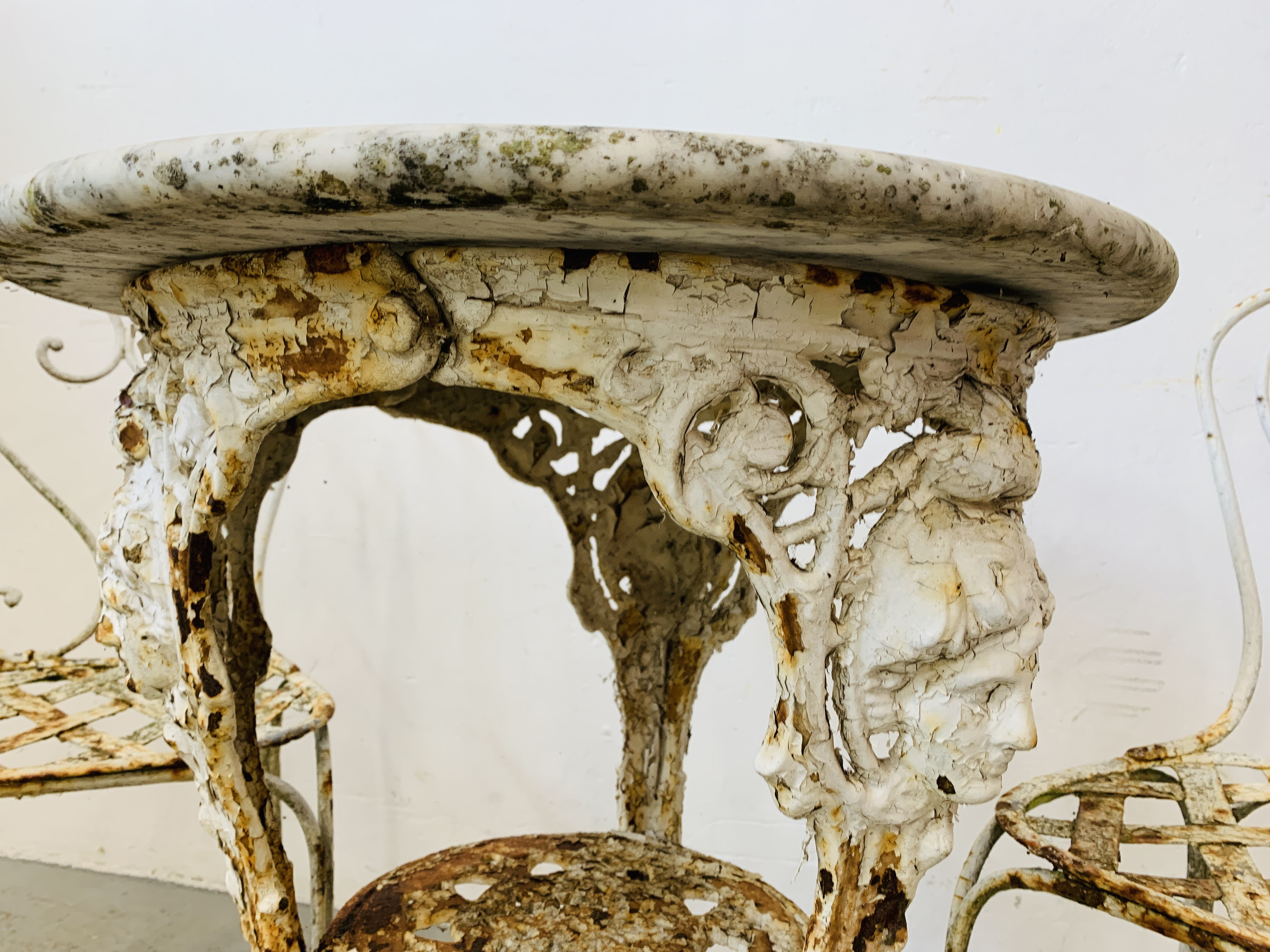 AN OLD DECORATIVE CAST BASE PUB TABLE WITH MARBLE TOP ALONG WITH 2 WROUGHT METAL GARDEN CHAIRS - - Image 6 of 11