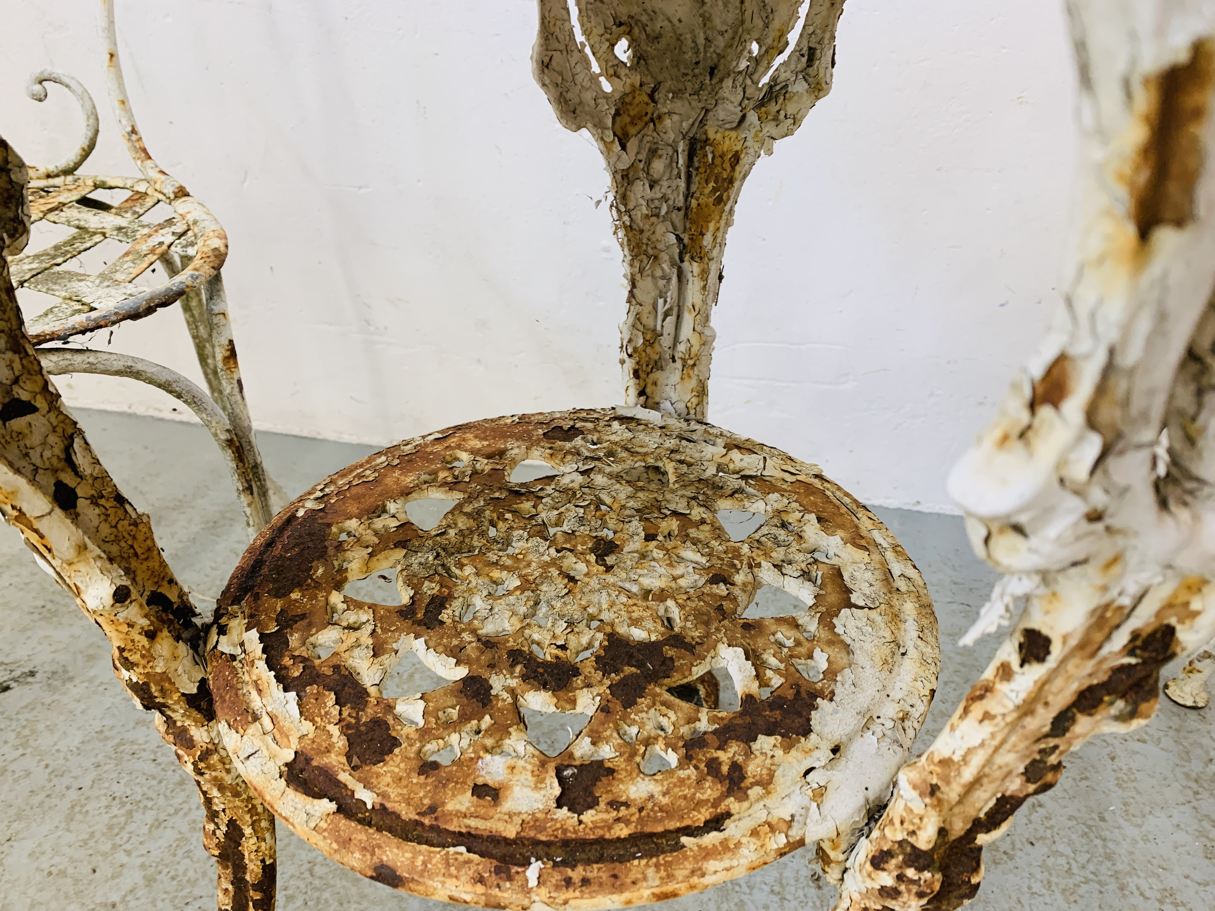 AN OLD DECORATIVE CAST BASE PUB TABLE WITH MARBLE TOP ALONG WITH 2 WROUGHT METAL GARDEN CHAIRS - - Image 5 of 11