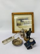 BOX OF ASSORTED COLLECTIBLES TO INCLUDE VINTAGE BRONZED FINISH MATCH HOLDER, VINTAGE LAMP,