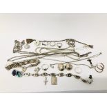 COLLECTION OF MAINLY SILVER JEWELLERY, EARRINGS, CHAINS / PENDANTS, RINGS, DESIGNER BRACELET ETC.