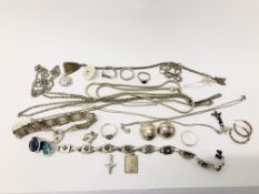 COLLECTION OF MAINLY SILVER JEWELLERY, EARRINGS, CHAINS / PENDANTS, RINGS, DESIGNER BRACELET ETC.