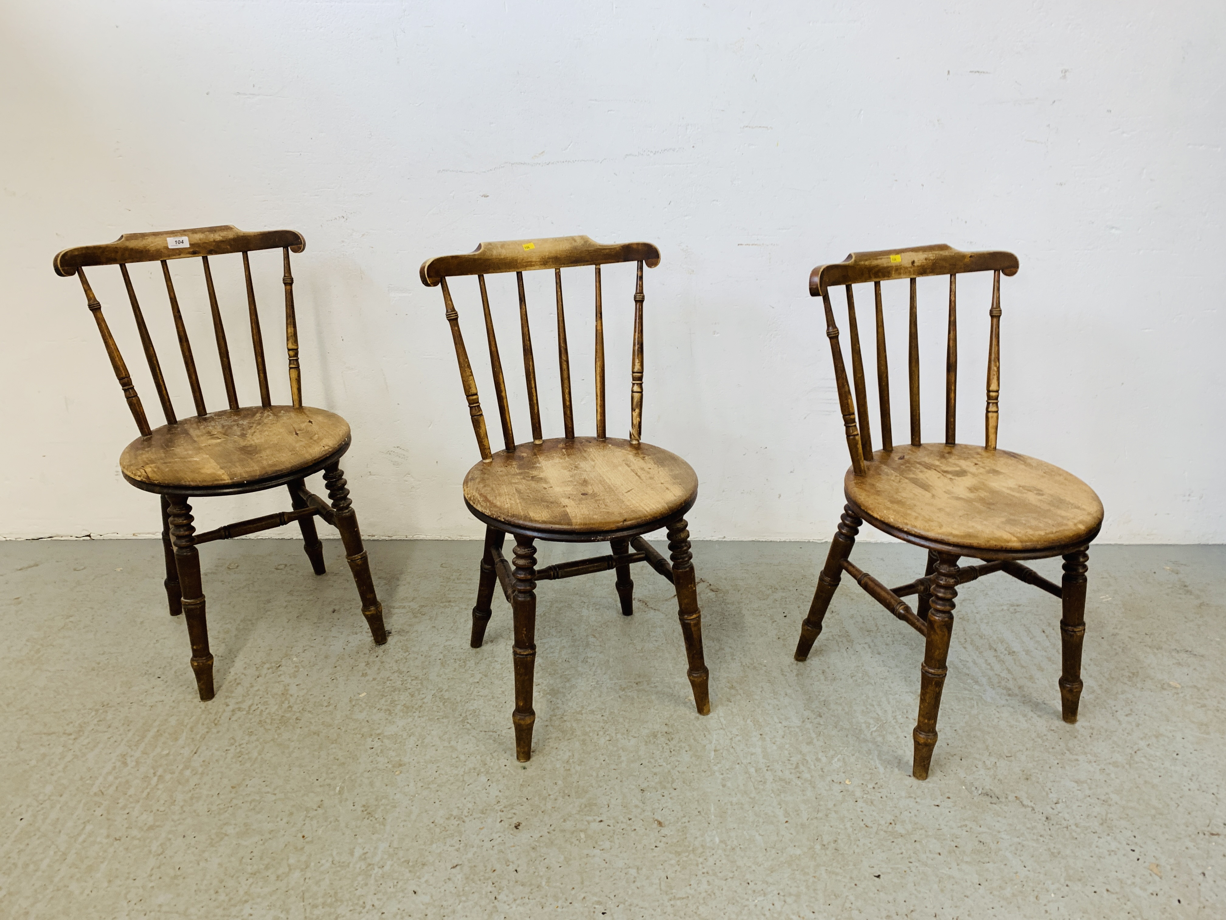 3 CHARACTER PENNY SEAT STICKBACK CHAIRS WITH TURNED LEGS A/F CONDITION