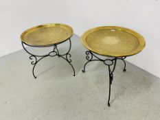 TWO WROUGHT METAL STANDS WITH LARGE COPPER TRAYS INSET TO TOP WITH CASED EASTERN DECORATION - TOP
