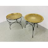 TWO WROUGHT METAL STANDS WITH LARGE COPPER TRAYS INSET TO TOP WITH CASED EASTERN DECORATION - TOP