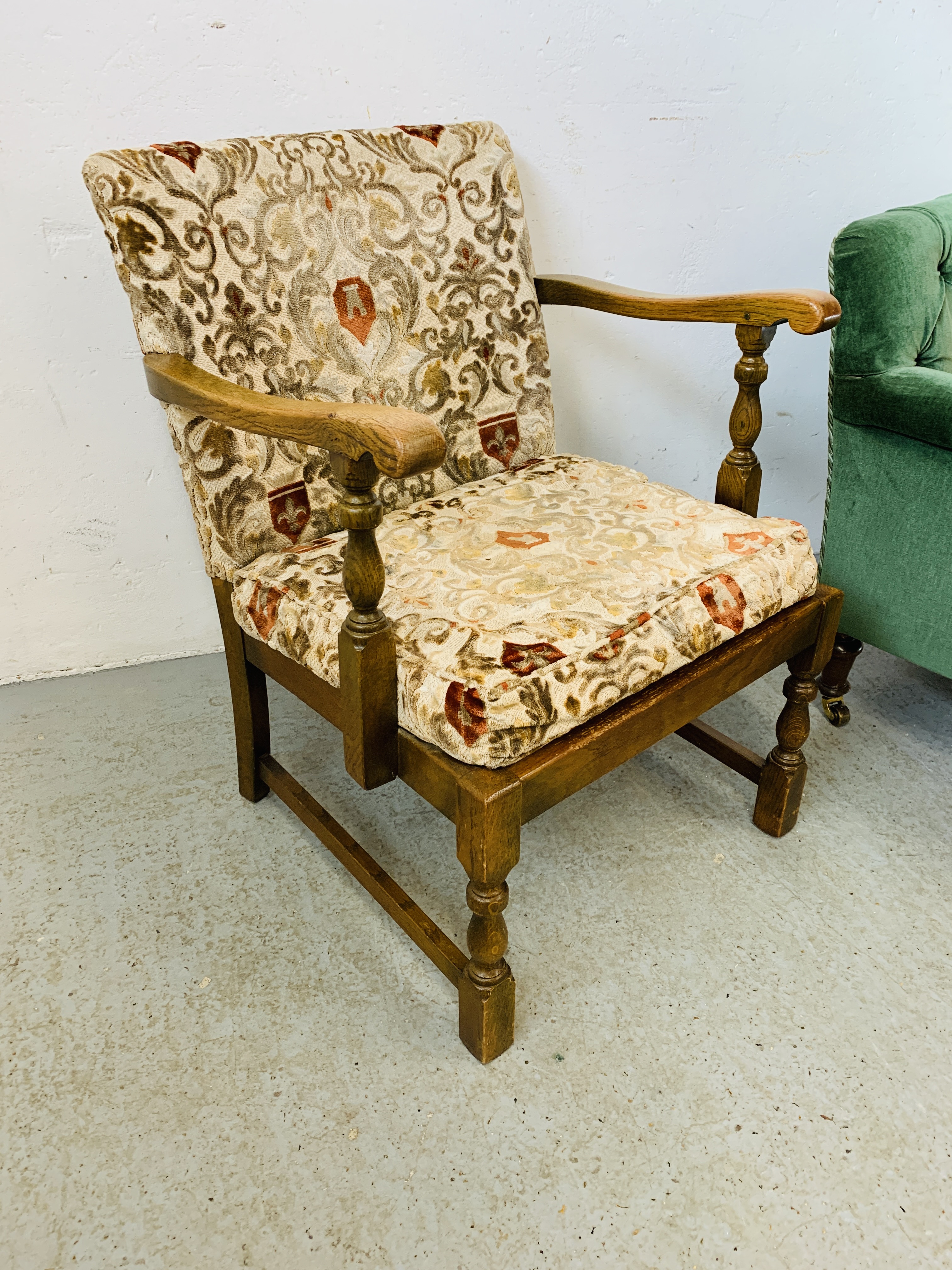 AN OAK FRAMED ARM CHAIR WITH TAPESTRY SEAT AND BACK, A GREEN UPHOLSTERED BUTTON BACK ARM CHAIR, - Image 6 of 7