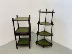 A REPRODUCTION MAHOGANY FINISH 4 TIER WOT-NOT WITH GREEN TOOLED LEATHER INSERT AND MATCHING 3 TIER