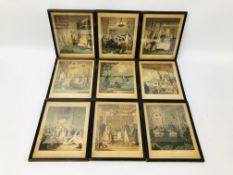 SET OF 9 X FRAMED COLOURED ETCHINGS 1825 "THE LIFE OF A NOBLEMAN" G. DAWE ENGRAVER AND PRINTER.