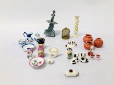 BOX OF MINIATURE DOLLS HOUSE CERAMICS TO INCLUDE STAFFORDSHIRE STYLE DOGS, BIRD CAGE,