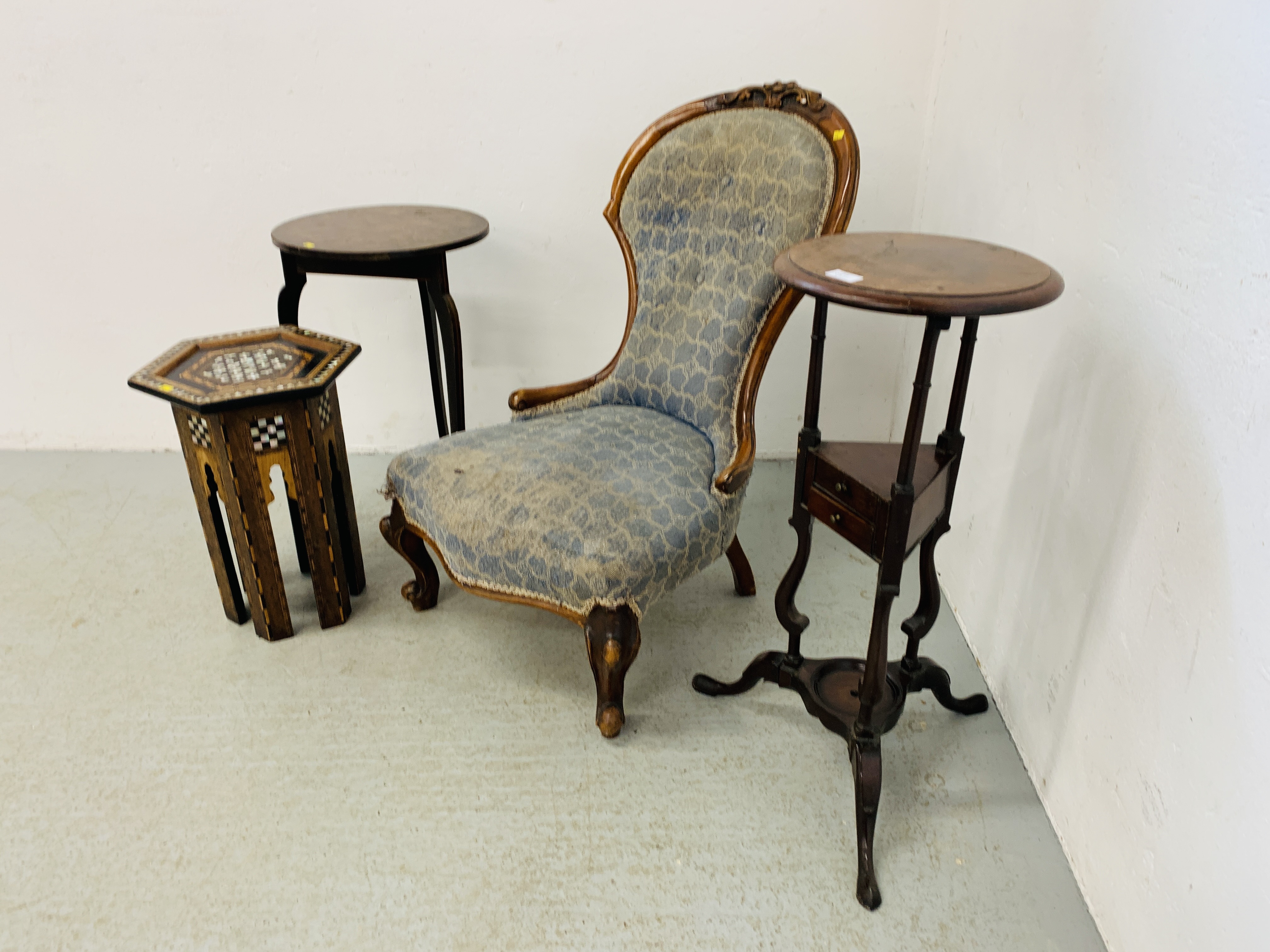 A VICTORIAN OAK FRAMED NURSING CHAIR A/F, CIRCULAR TOPPED MAHOGANY SHAVING STAND A/F, - Image 2 of 9