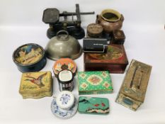 BOX OF ASSORTED VINTAGE TINS TO INCLUDE CALENDAR TIN + BOX OF COLLECTIBLES TO INCLUDE SCALES,