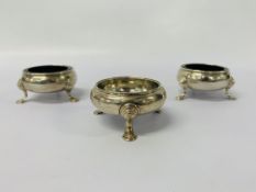 A PAIR OF SILVER GEORGE II TRIPOD SALTS WITH GLASS LINERS LONDON 1756 PLUS A THIRD LONDON 1740