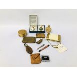 BOX OF COLLECTIBLES TO INCLUDE COMPACTS, 2 X BOXED POMANDERS, BRASS INDIAN STYLE CIGARETTE CASE,