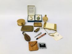 BOX OF COLLECTIBLES TO INCLUDE COMPACTS, 2 X BOXED POMANDERS, BRASS INDIAN STYLE CIGARETTE CASE,