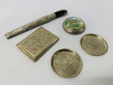 WHITE METAL CIGARETTE CASE AND A PAIR OF PIN DISHES INDISTINCT MARKS, WHITE METAL LIDDED POT,