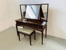 A STAG MINSTREL THREE DRAWER DRESSING TABLE WITH TRIPLE VANITY MIRRORS AND STOOL
