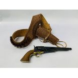 A REPLICA WESTERN STYLE REVOLVER IN TAN LEATHER BELT HOLSTER - COLLECTION IN PERSON ONLY