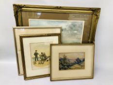 GILT FRAMED WATERCOLOUR ESTUARY SCENE ALONG WITH A LANDSCAPE WATERCOLOUR FRAMED ETCHING DANISH TOWN