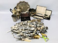 BOX OF ASSORTED PLATED CUTLERY AND A BOX OF PLATED WARE TO INCLUDE BOXED CUTLERY, TRAY, CRUET ETC.