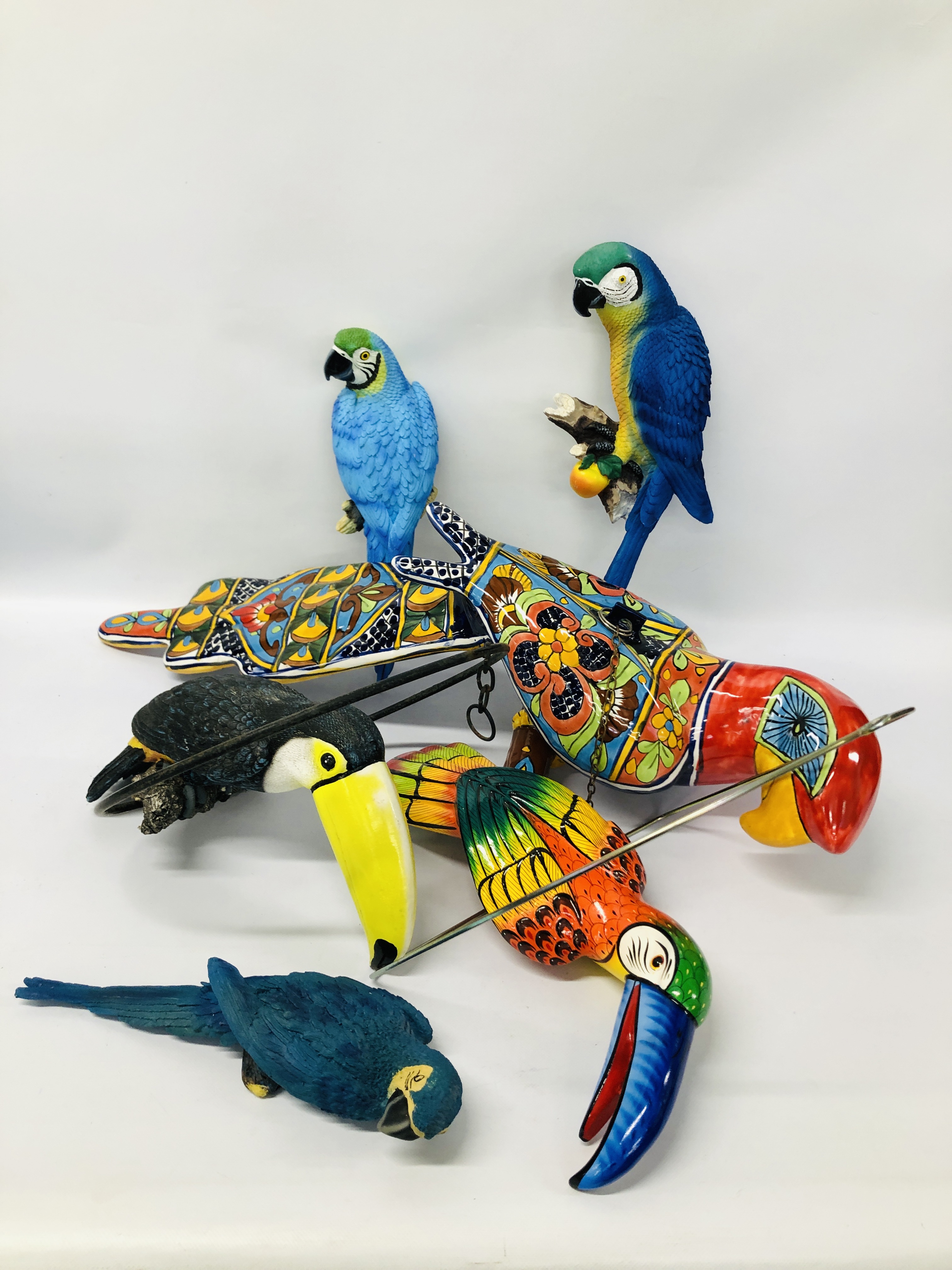 6 BIRDS TO INCLUDE HANGING MEXICAN PORCELAIN PARROT 90CM, HEAD TO TIP OF TAIL PERCH 38CM,