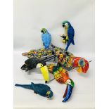 6 BIRDS TO INCLUDE HANGING MEXICAN PORCELAIN PARROT 90CM, HEAD TO TIP OF TAIL PERCH 38CM,