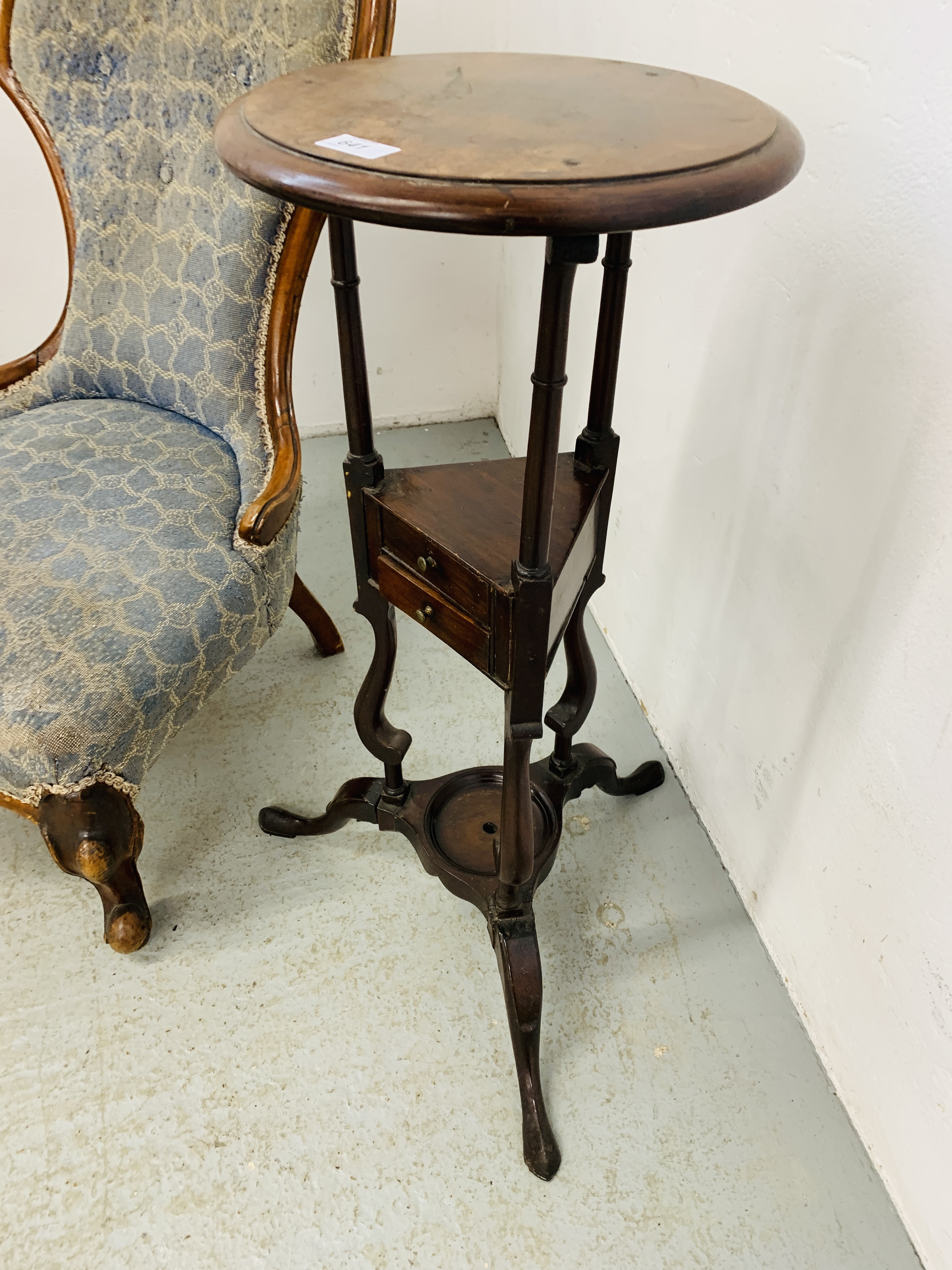 A VICTORIAN OAK FRAMED NURSING CHAIR A/F, CIRCULAR TOPPED MAHOGANY SHAVING STAND A/F, - Image 3 of 9