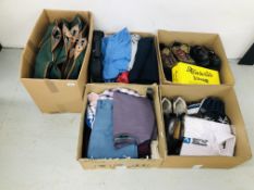 5 X BOXES CONTAINING GOOD QUALITY GENTS CLOTHING AND FOOTWEAR TO INCLUDE SUITS, SHIRTS, JUMPERS.