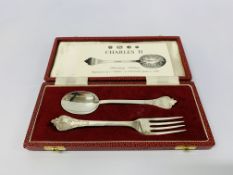 CASED SILVER CHRISTENING SPOON AND FORK CHARLES II REPLICA LACE BACK 55gm FRANCIS HOWARD SHEFFIELD
