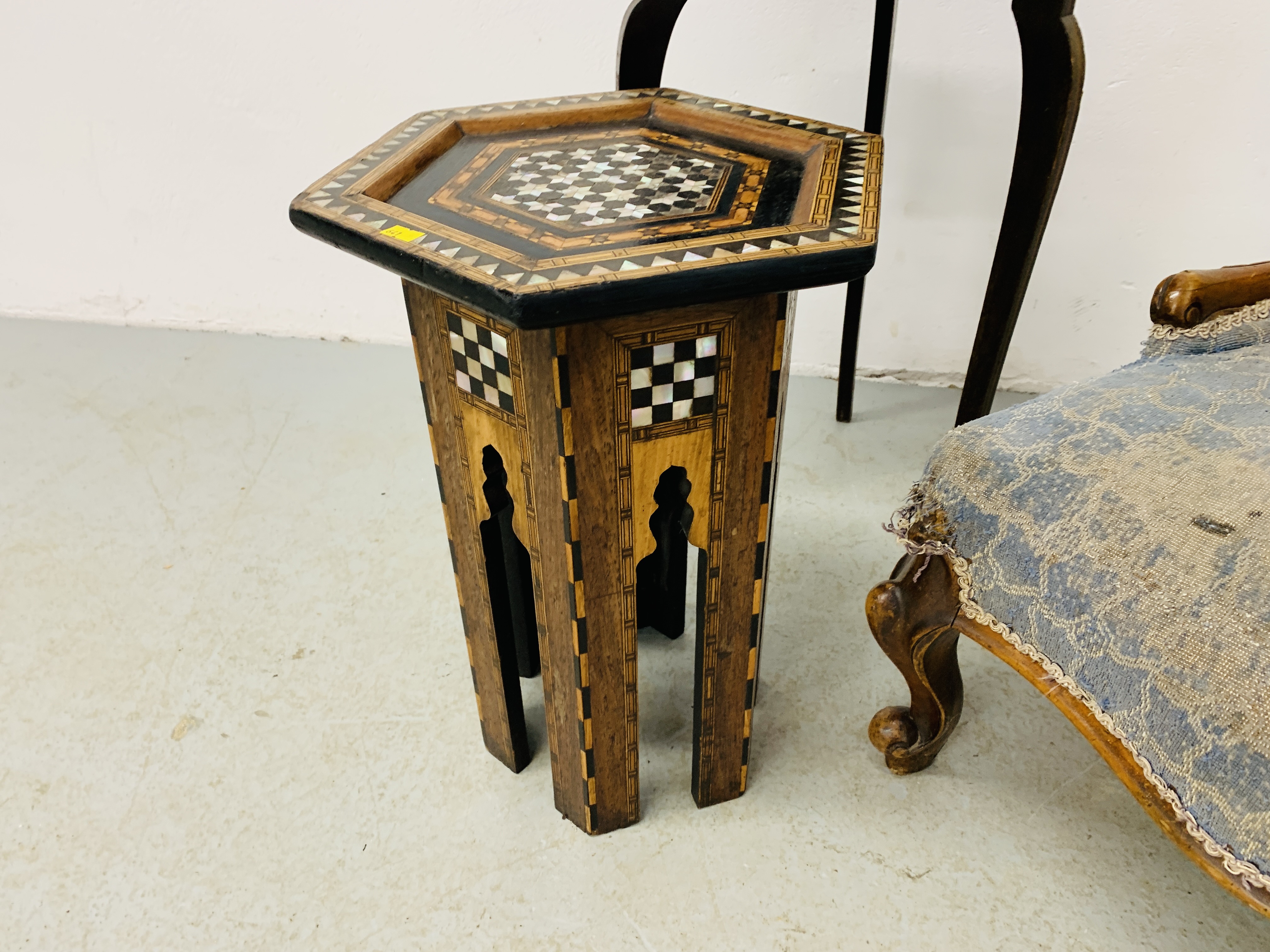 A VICTORIAN OAK FRAMED NURSING CHAIR A/F, CIRCULAR TOPPED MAHOGANY SHAVING STAND A/F, - Image 8 of 9