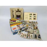BOX OF VINTAGE TEA AND CIGARETTE CARDS MAINLY IN ALBUMS, INCLUDING FOOTBALL, SPACE ETC.