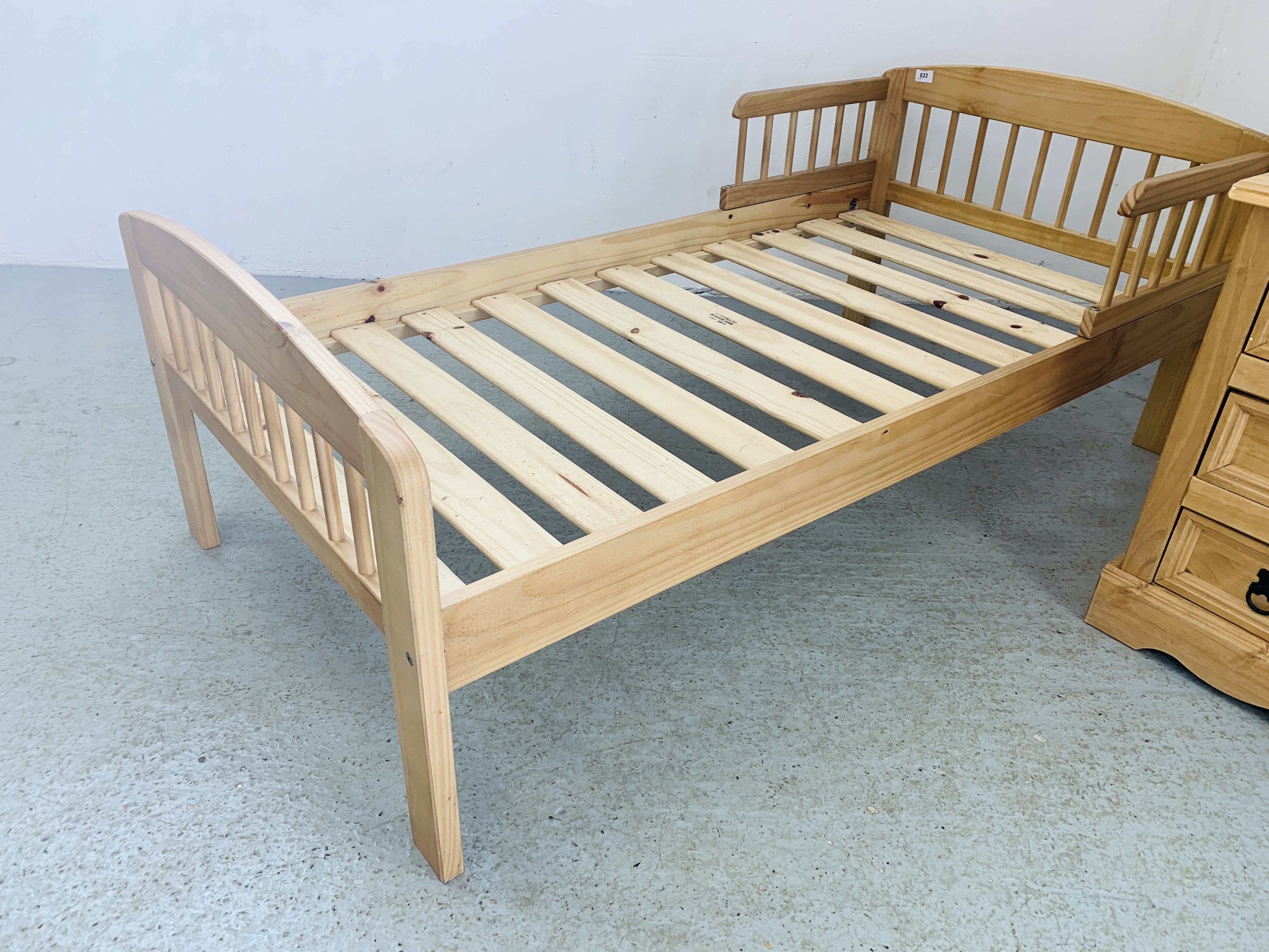 A CHILD'S SOLID PINE "FIRST BED" AND MEXICAN PINE THREE DRAWER BEDSIDE CHEST - Image 5 of 5