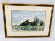 A JOHN DASHWOOD WATERCOLOUR OF RURAL SCENE - 37CM X 23CM.