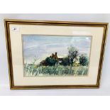 A JOHN DASHWOOD WATERCOLOUR OF RURAL SCENE - 37CM X 23CM.