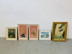 COLLECTION OF 4 ORIENTAL PRINTS AND PICTURES TO INCLUDE SILK MOUNTAIN SCENE,